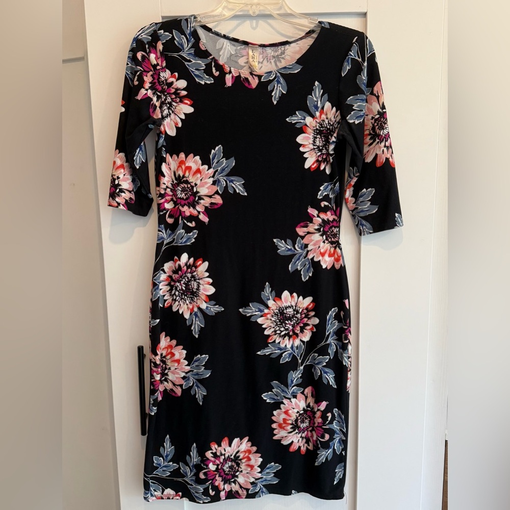 LARA Black Dress with Pink Floral Design